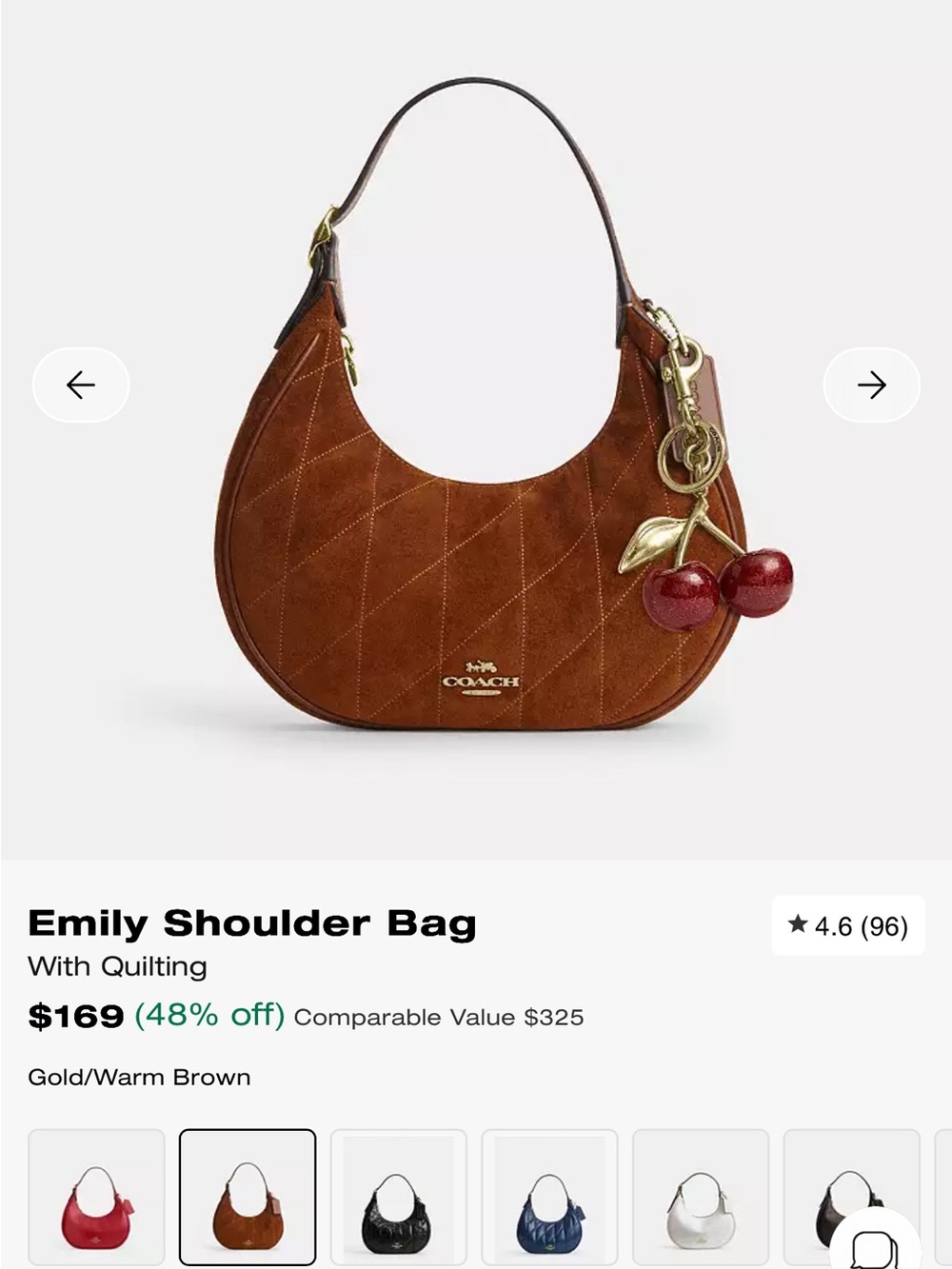 Coach Emily Quilted Shoulder Bag in Warm Brown with Cherry Charm